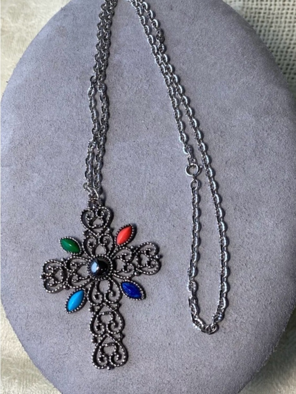 Vintage Avon Cross Necklace Multicolor Stone  Pendant Silver Tone - Picture 2 of 6